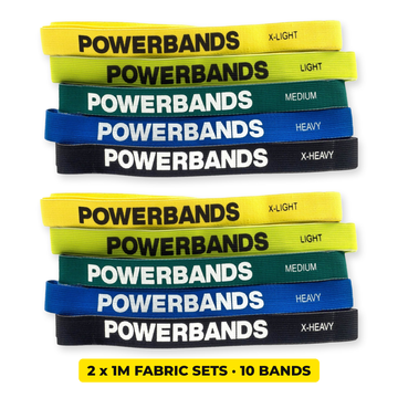 2 x 1M Fabric Resistance Band Sets, 10 bands: X-Light, Light, Medium, Heavy, X-Heavy